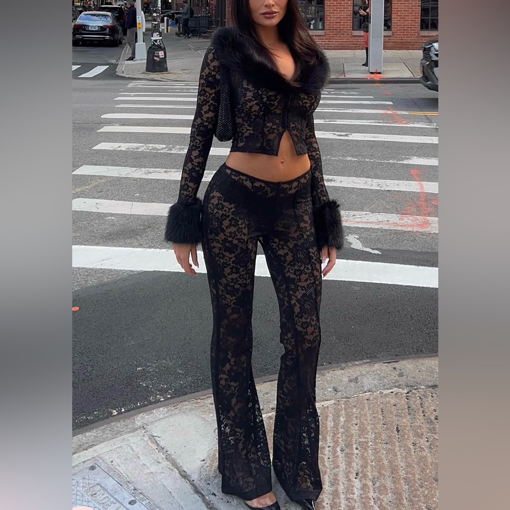 Oh Polly Noemy fur collar lace cardigan & matching Calista pants